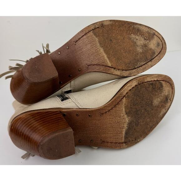 SAM EDELMAN Louie Beige Suede Side Zip Western Fringe Stacked Heel Boot Size 7 - Picture 5 of 6